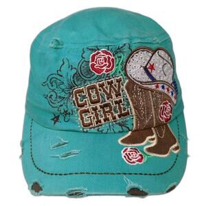 L.O.G.A. Army Cap Blue One Size Distressed Cowgirl Embroidered Hat Rhinestone